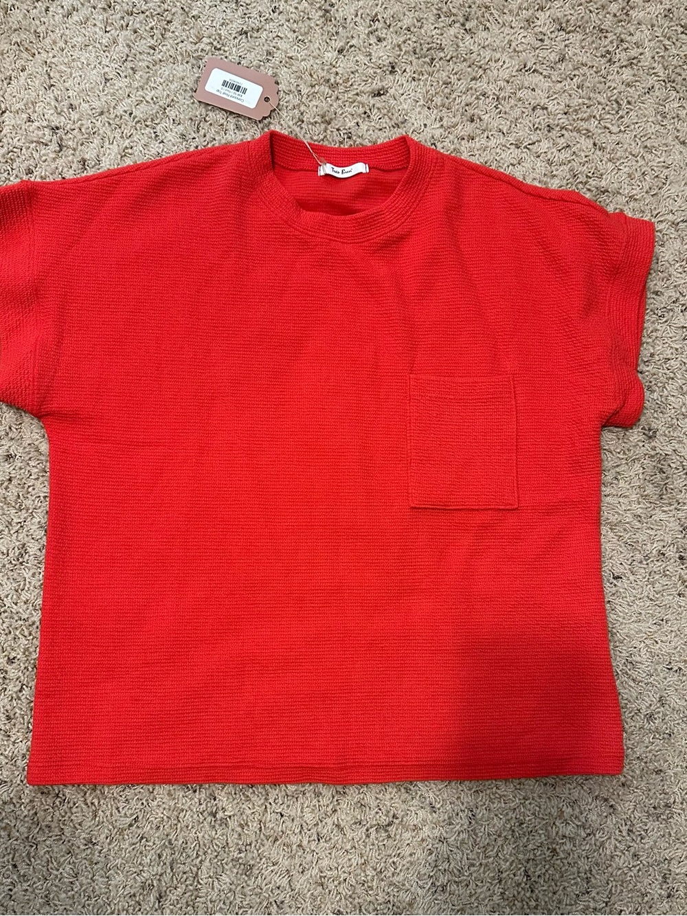 NWT Tres Bien Red Knit Short Sleeve Sweater with Chest Pocket